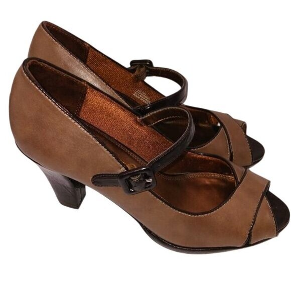 Life Stride Taupe/Brown Retro Style Open Toe Heels, Size 8 - Picture 2 of 6